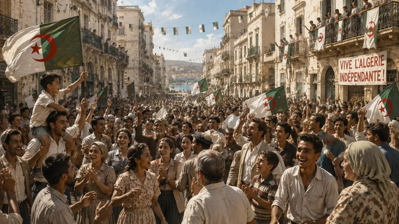 Illustration éditoriale des célébrations de l'indépendance algérienne le 5 juillet 1962 avec drapeaux déployés et cortèges populaires.