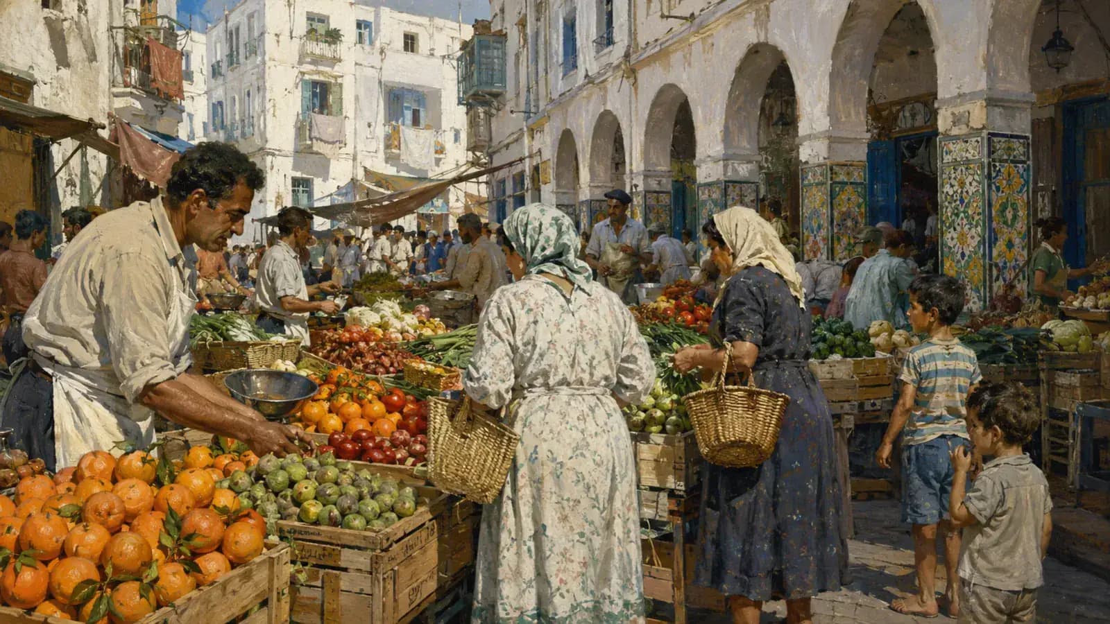 Illustration éditoriale d'un marché de quartier à Alger dans les années 1970 avec étals de fruits, légumes et architecture méditerranéenne.