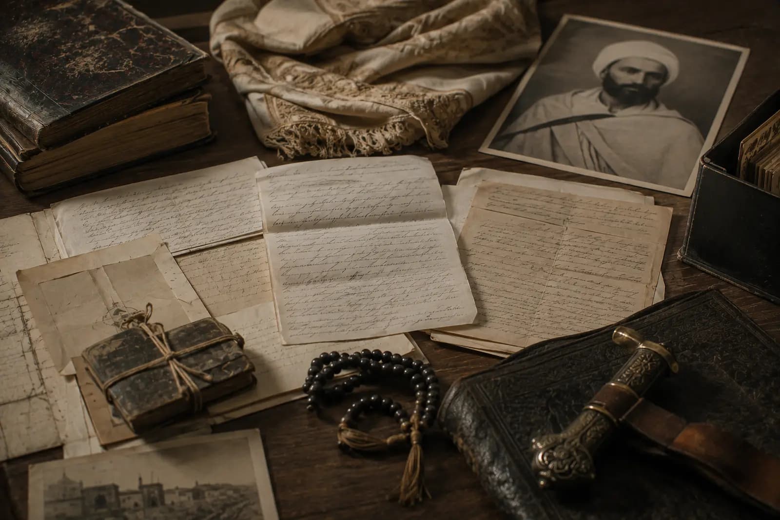 Documents manuscrits, livres anciens et photographie disposés sur une table