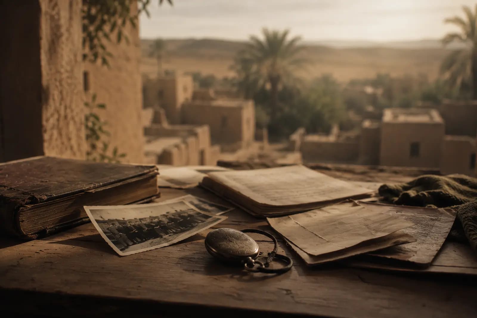 Livres, manuscrits et photographies anciennes devant une oasis