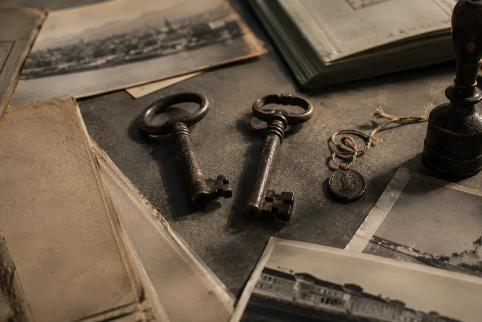 Sceau, clés anciennes, documents et photographies d'archives